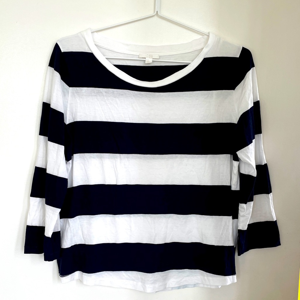 COS Navy and White Boxy Long Sleeve Tee